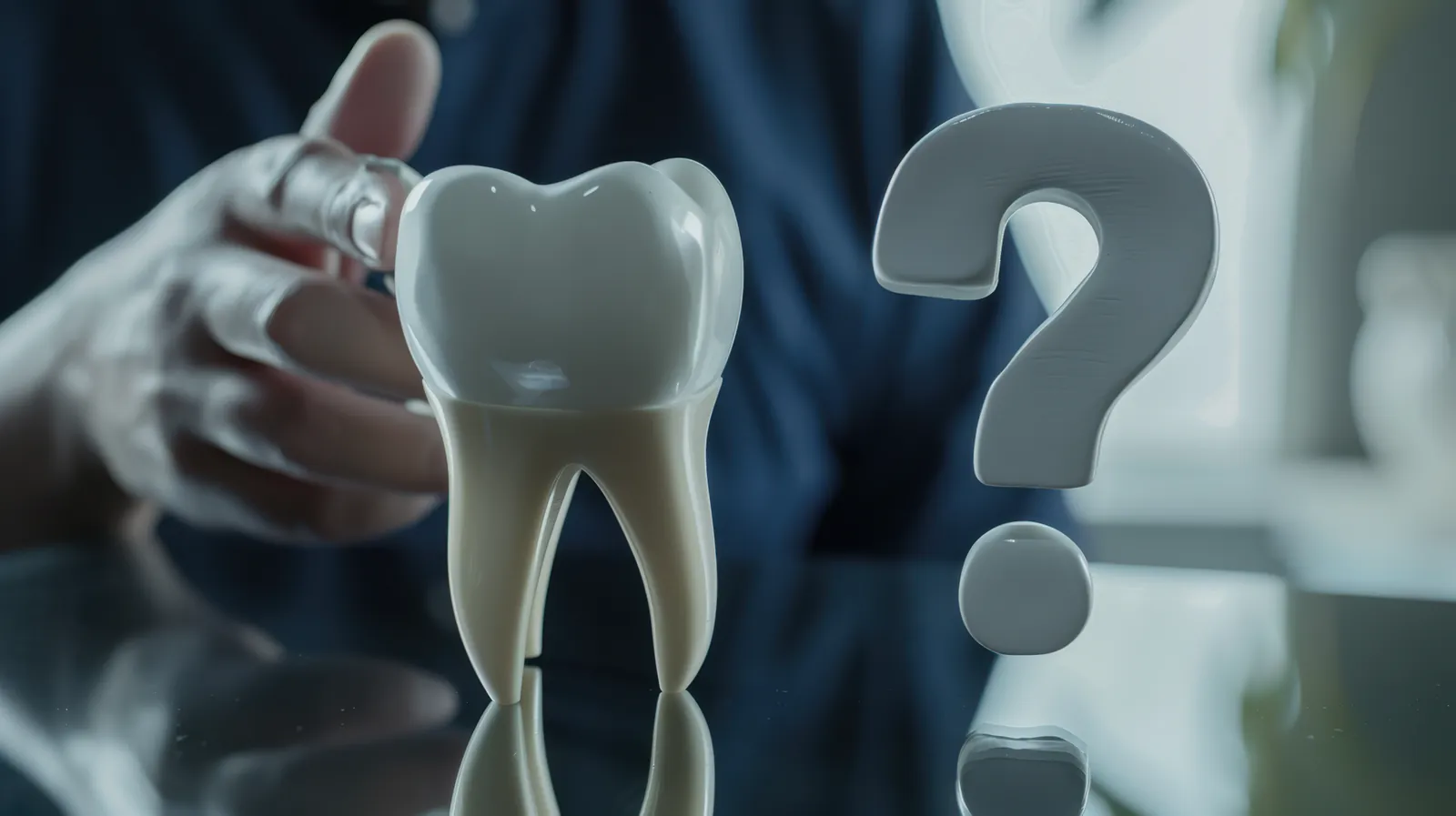 A hand holding a model tooth beside a question mark.